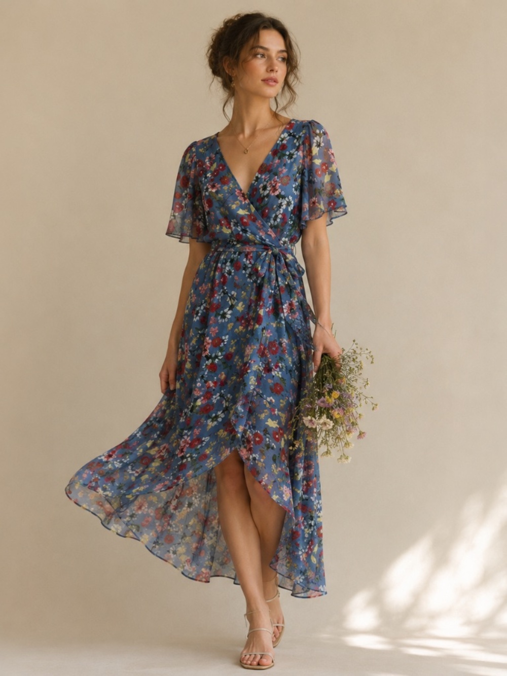 Parker Floral Wrap Hi-Low Ruffle Hem Maxi Dress SzS Feminine Cottagecore Wedding